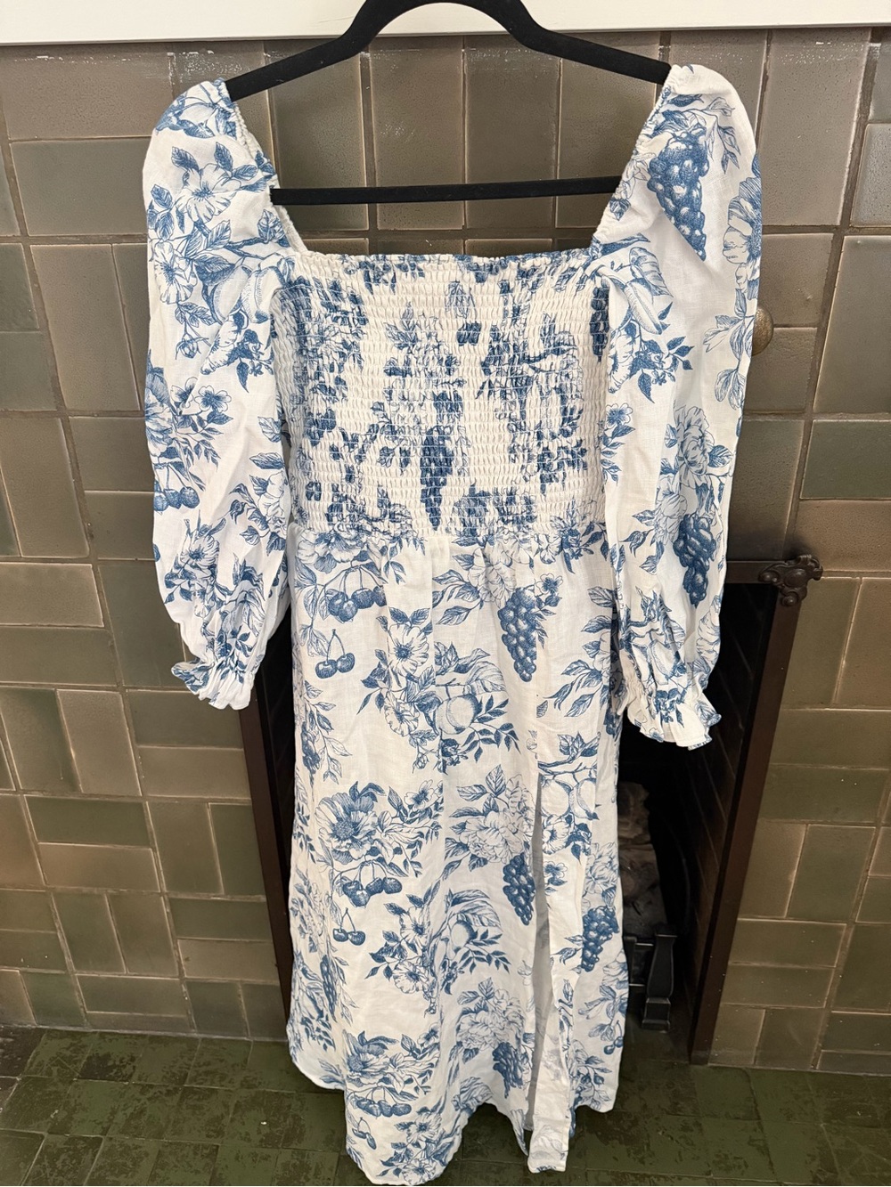 Reformation Smocked Square-Neck Midi Dress in Blue Floral - Picture 2 of 5